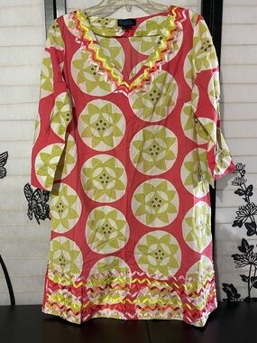 Boden tunic Dress Beach Swim Coverup 3/4 sleeve 14 Rick Rack Notched Sides Coral